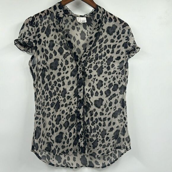 Full Tilt Semi Sheer Leopard and Lace Ruffle Blouse Large - Picture 1 of 6